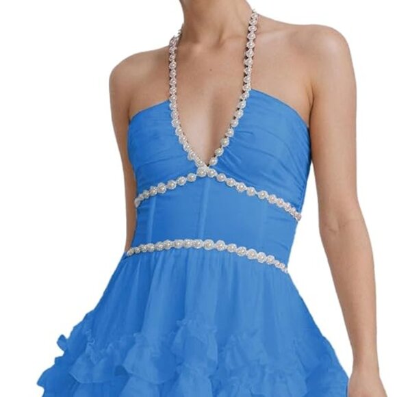 Women's BLUE Short Ruffle Homecoming Formal Gown Ball Party Evening Prom Dresses - Picture 1 of 16